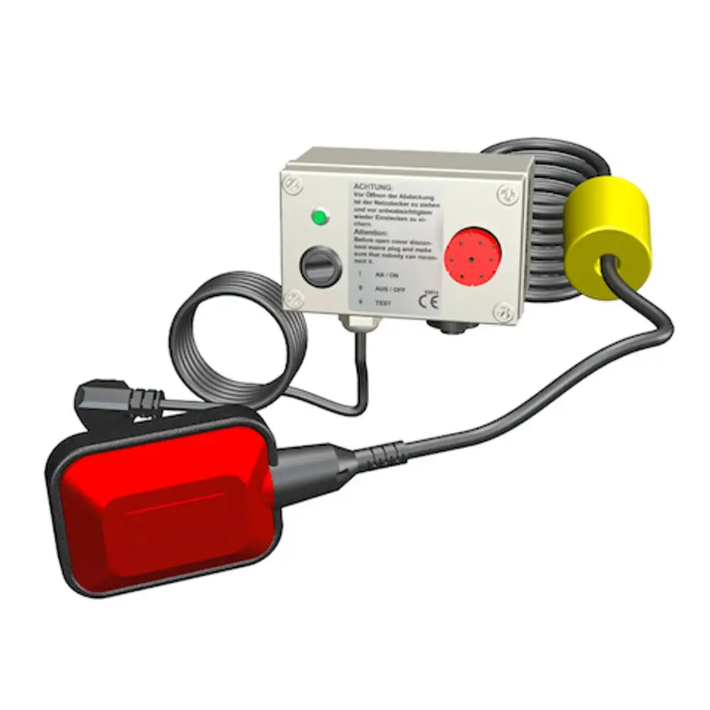 Füllstandsmelder von Roth mit rotem Sensor und Steuergerät, verbunden durch ein Kabel. Das Steuergerät zeigt Statusanzeigen und einen Testknopf.